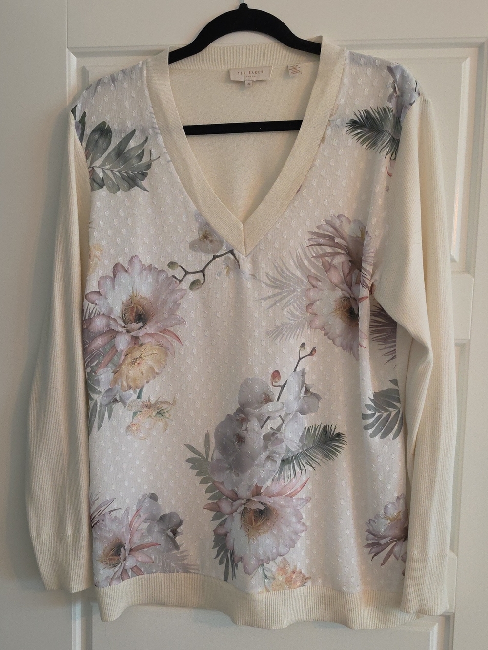 Ted Baker Cream Floral V-Neck Knit Top with Pastel Blooms